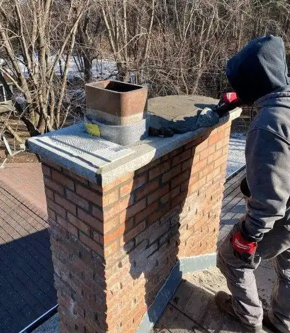 Mason in a hoodie and work gloves trowelling mortar onto the top of an old brick chimney in winter